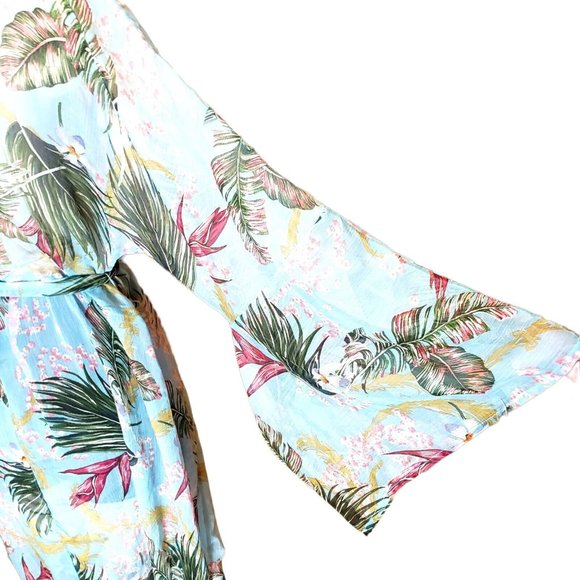 Gigio Long Sheer  Kimono Duster L Blue Tropical Floral Boho Peasant Hippie - Picture 10 of 10